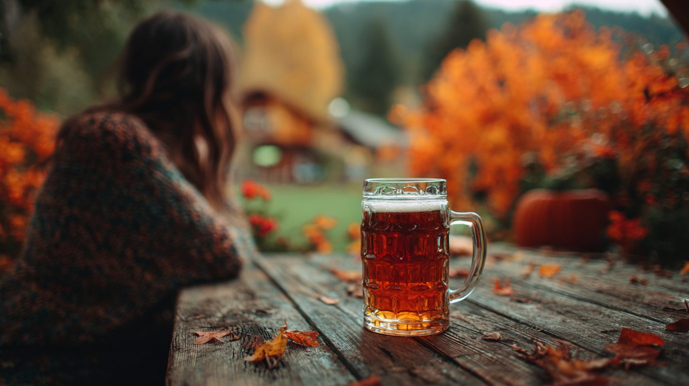 Woman sits watching the leaves fall. A stein of beer is waiting for her.